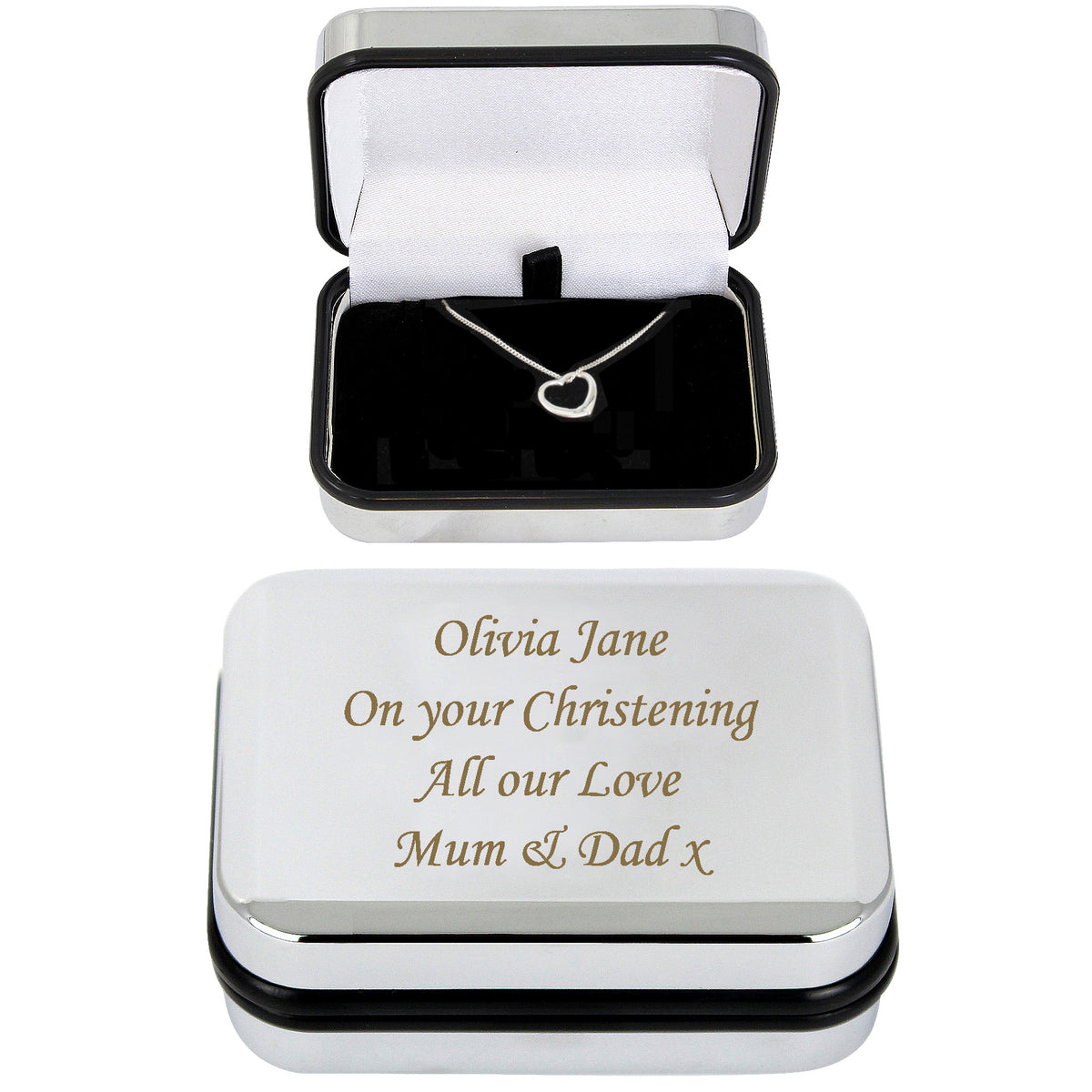 Personalised Sterling Silver Heart Necklace | Engraved Gift Box for Birthdays, Weddings & Mother’s Day - Artfully Curated Creations and identify whats in the image