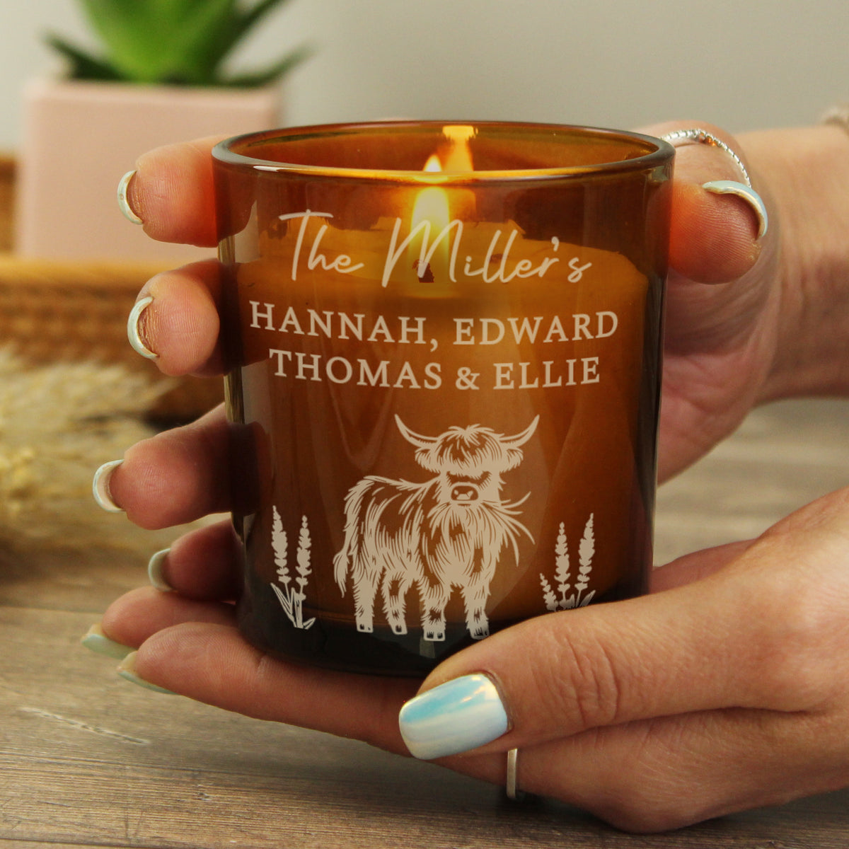 Highland Cow Personalised Amber Glass Vanilla Candle Jar | Custom Message Gift for Any Occasion - Artfully Curated Creations and identify whats in the image