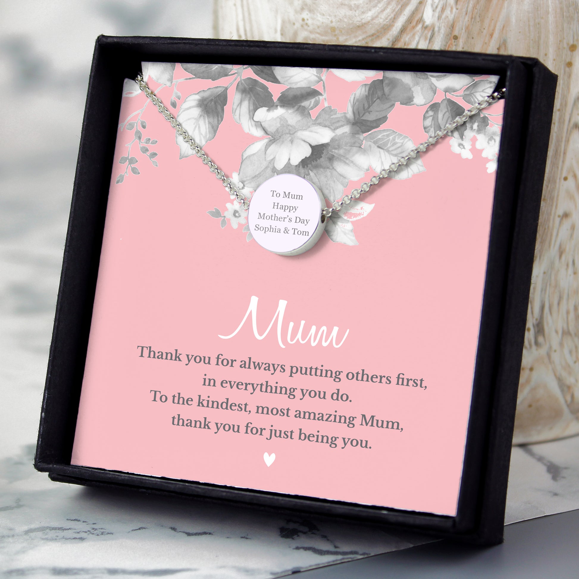 Personalised Silver Tone Necklace | ‘Mum’ Sentiment Gift Box for Mother’s Day & Special Occasions - Artfully Curated Creations and identify whats in the image