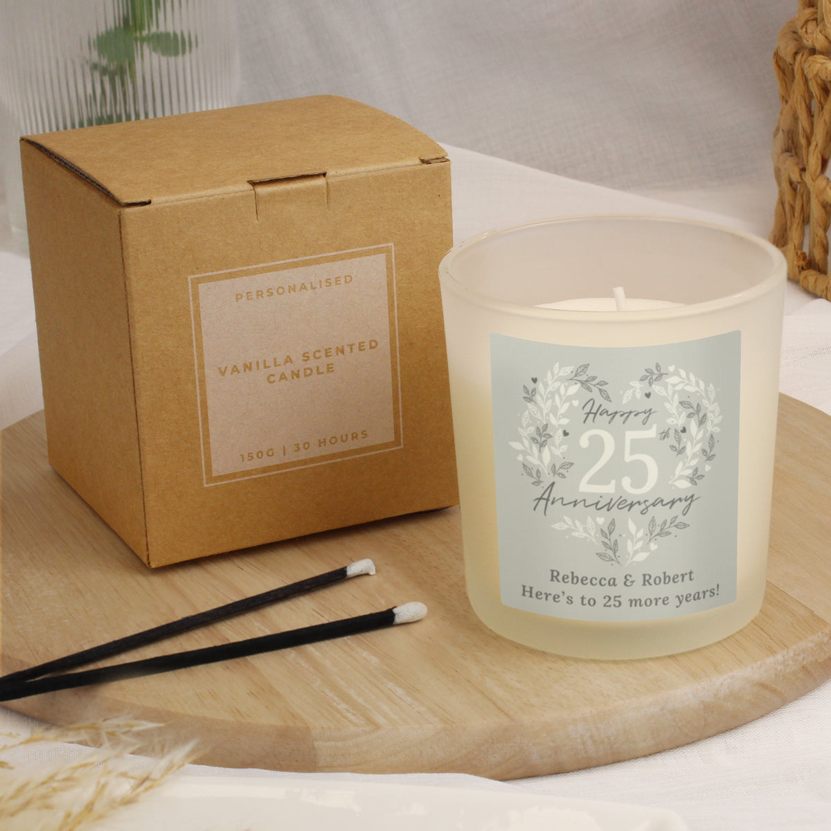 Personalised 25th Anniversary Vanilla Candle Jar | Silver Anniversary Keepsake - Artfully Curated Creations and identify whats in the image