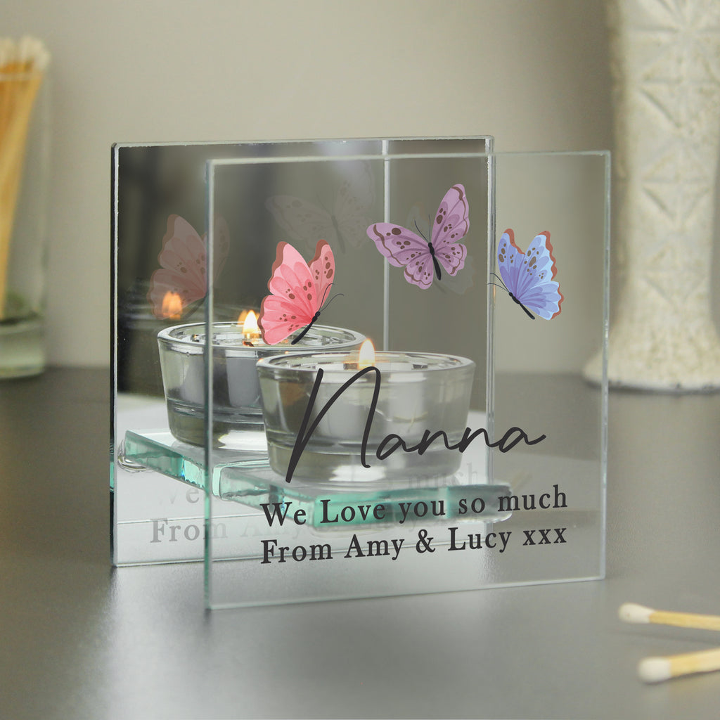 Personalised Butterfly Glass Tea Light Holder | Custom Message Gift for Mother’s Day & Birthdays