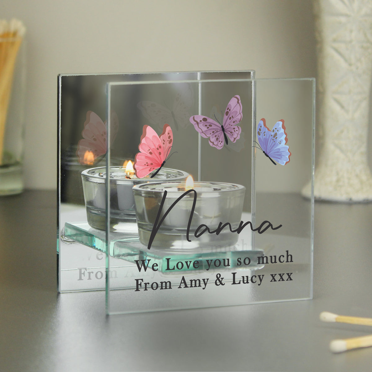 Personalised Butterfly Glass Tea Light Holder | Custom Message Gift for Mother’s Day & Birthdays - Artfully Curated Creations and identify whats in the image