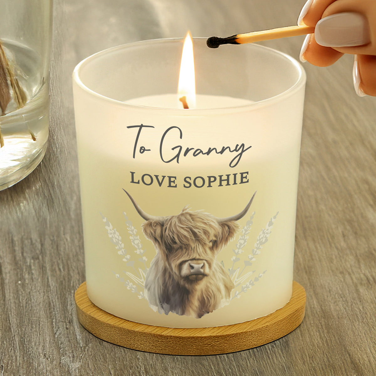 Personalised Highland Cow Vanilla Frosted Candle Jar | Custom Message Gift - Artfully Curated Creations and identify whats in the image