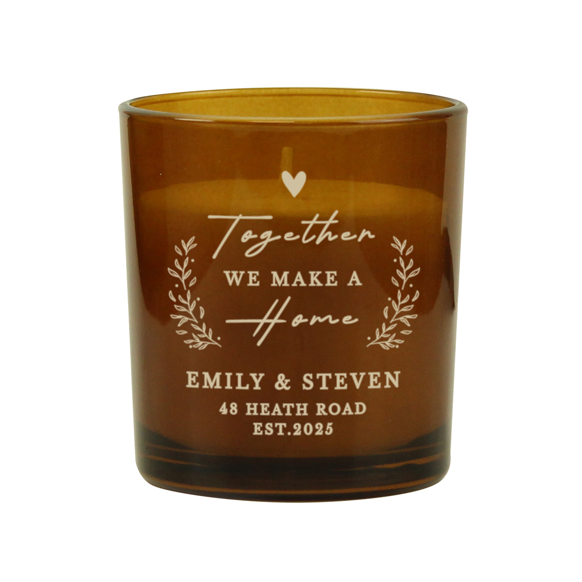 Personalised “Together We Make a Home” Amber Glass Candle Jar | Custom Housewarming Gift - Artfully Curated Creations and identify whats in the image