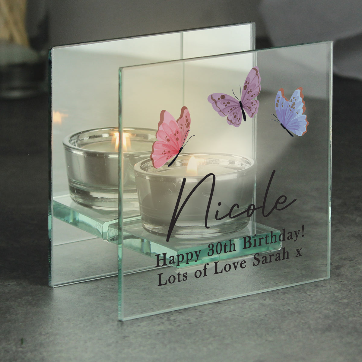 Personalised Butterfly Glass Tea Light Holder | Custom Message Gift for Mother’s Day & Birthdays - Artfully Curated Creations and identify whats in the image
