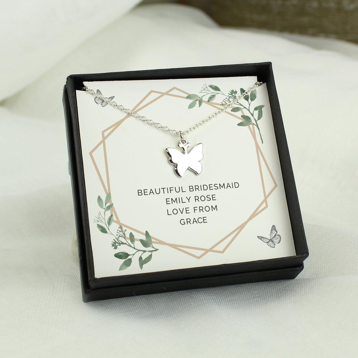 Personalised Butterfly Necklace | Engraved Sentiment Card & Gift Box for Any Occasion - Artfully Curated Creations and identify whats in the image