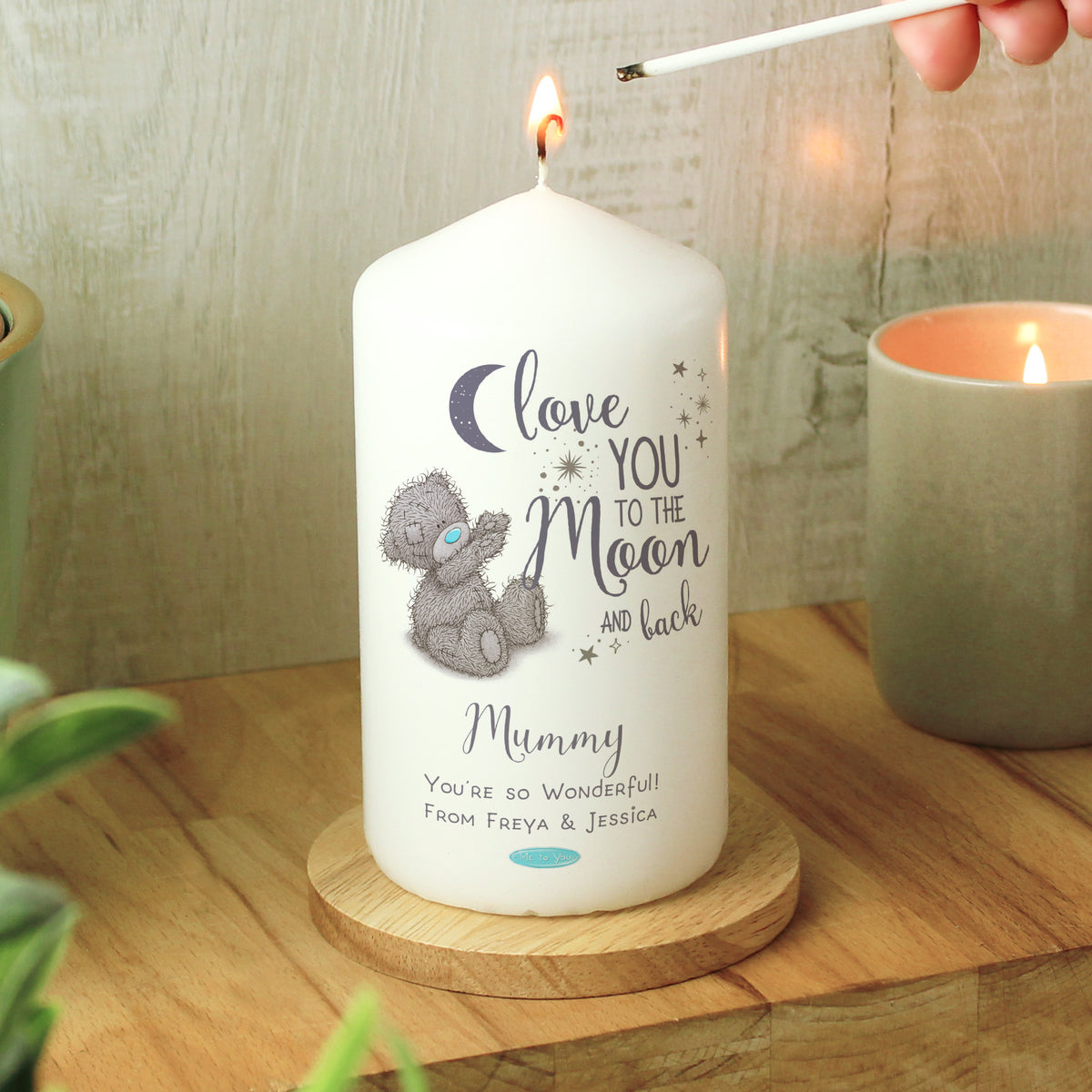 Me to You ‘Love You to the Moon and Back’ Personalised Pillar Candle - Artfully Curated Creations and identify whats in the image