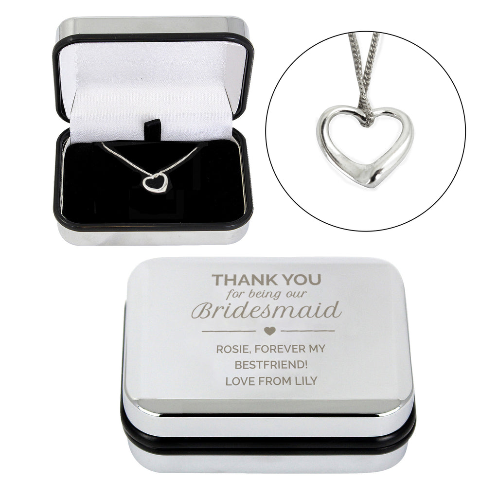 Personalised Bridesmaid Heart Necklace | Engraved Chrome Gift Box