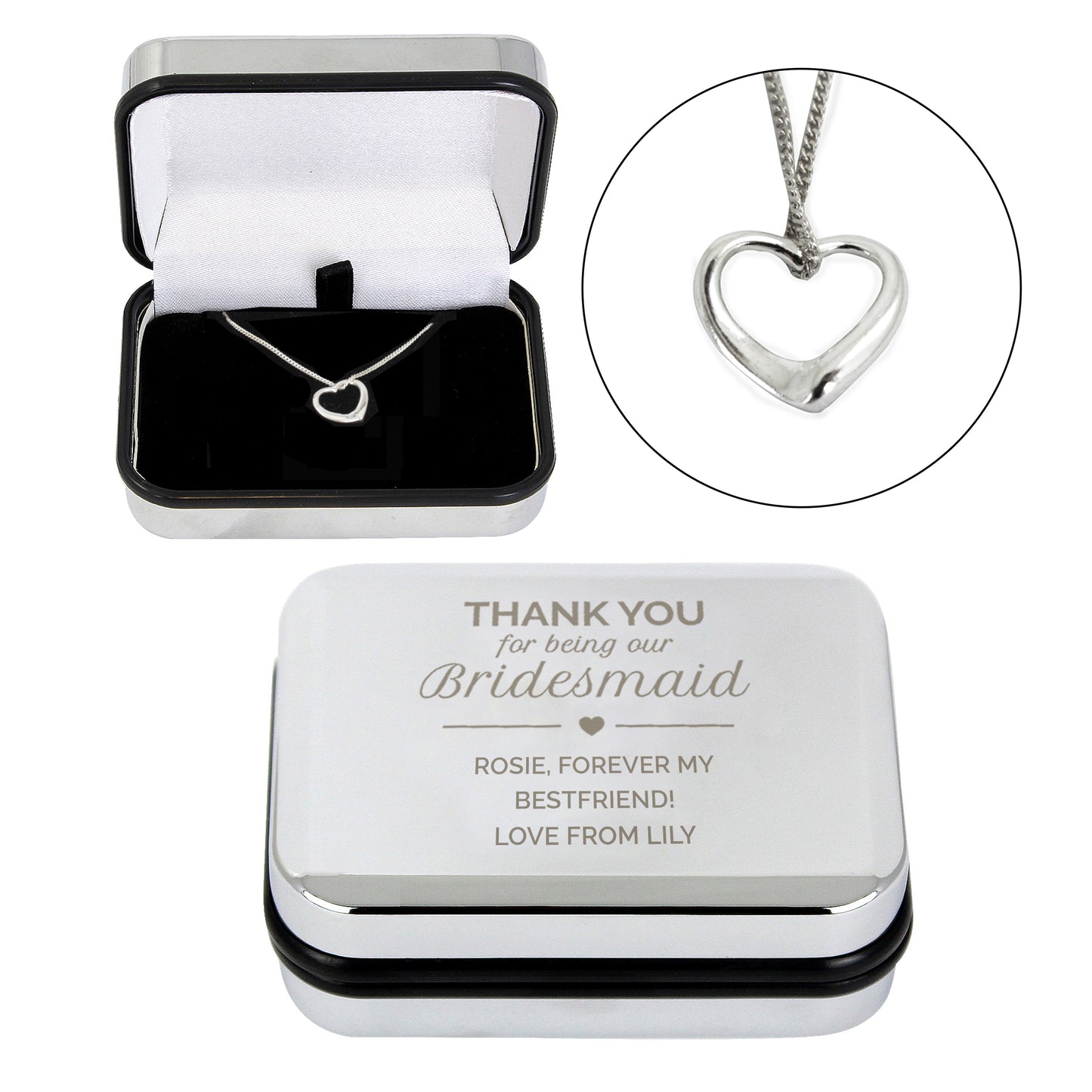 Personalised Bridesmaid Heart Necklace | Engraved Chrome Gift Box - Artfully Curated Creations and identify whats in the image
