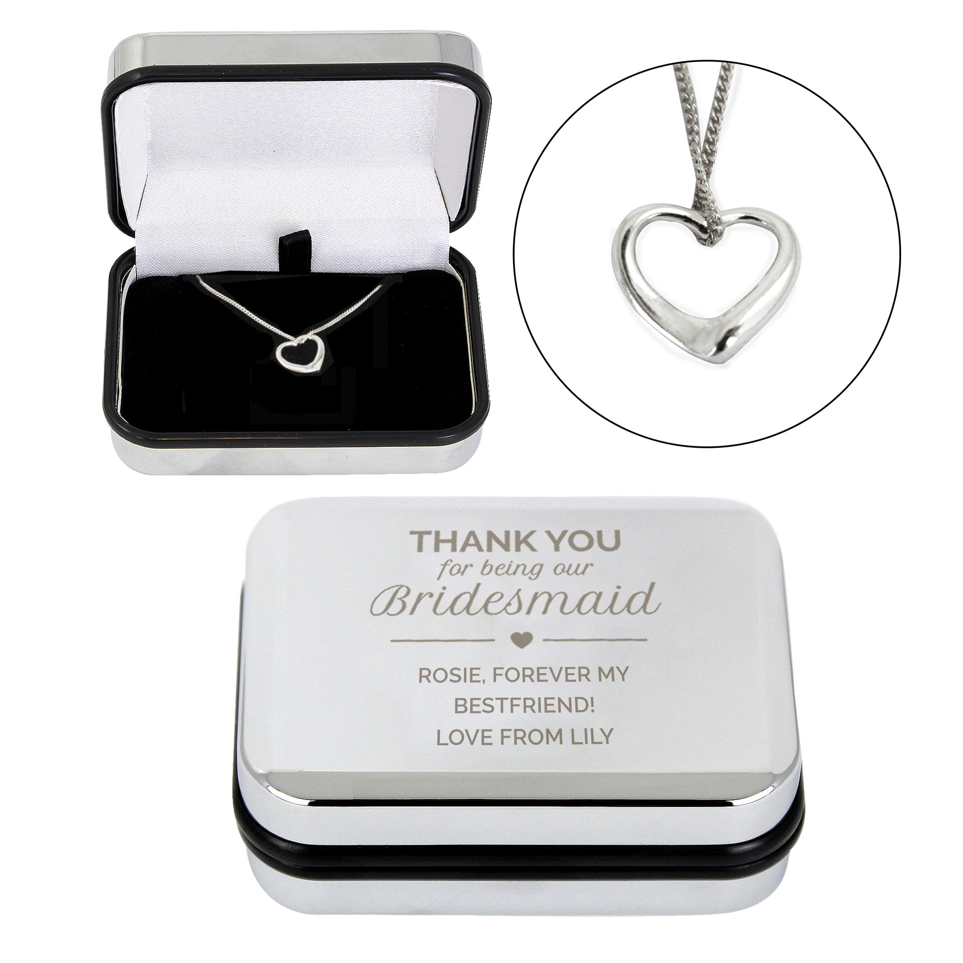 Personalised Bridesmaid Heart Necklace | Engraved Chrome Gift Box - Artfully Curated Creations and identify whats in the image