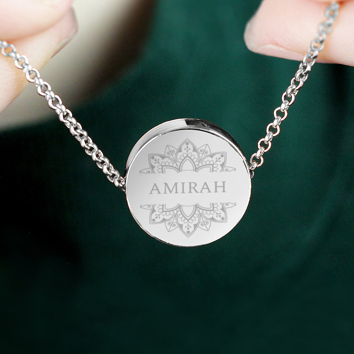 Personalised Eid Silver Disc Necklace | Engraved Pendant & Sentiment Card Gift Box - Artfully Curated Creations and identify whats in the image