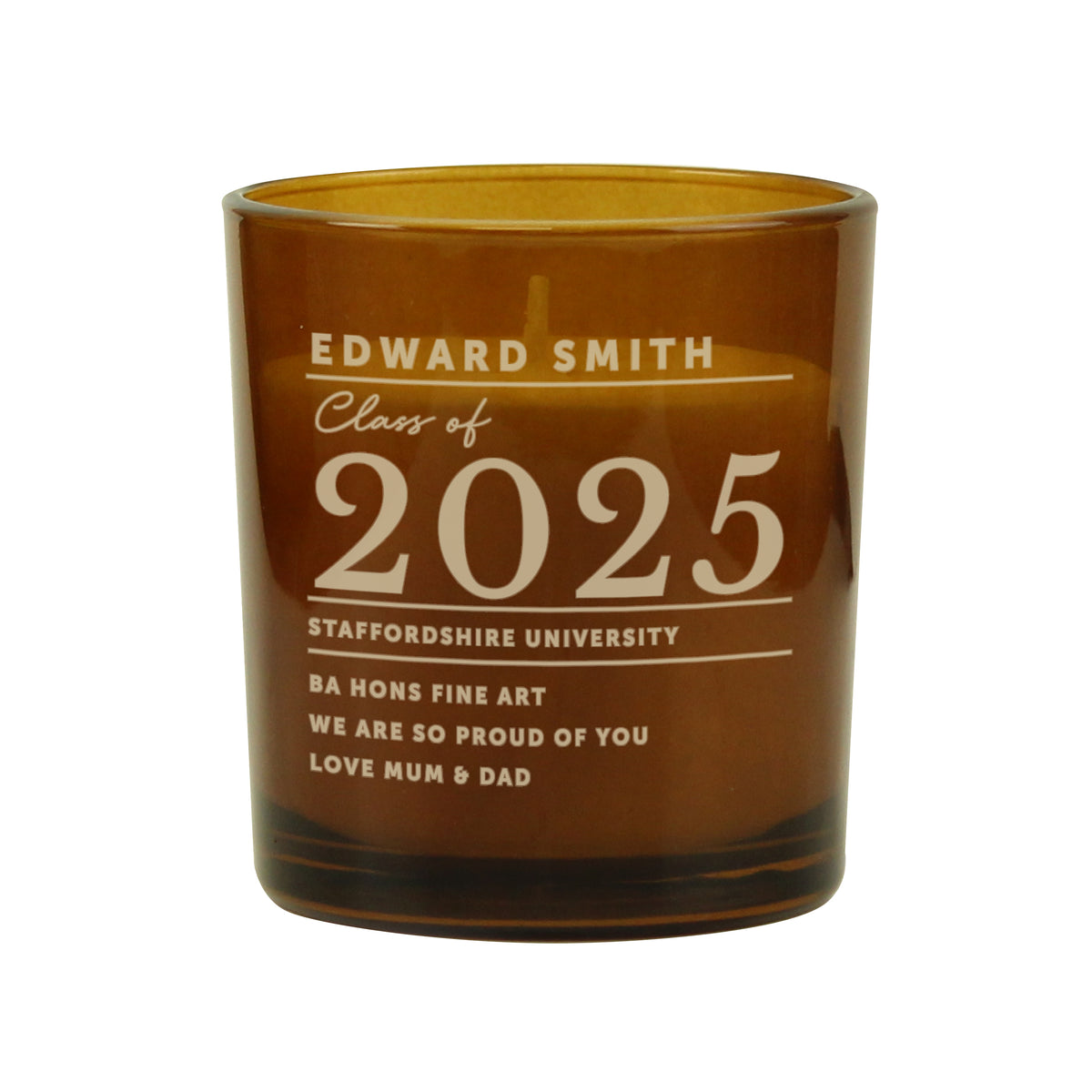 Personalised Amber Glass Vanilla Candle Jar | Graduation Keepsake Gift - Artfully Curated Creations and identify whats in the image