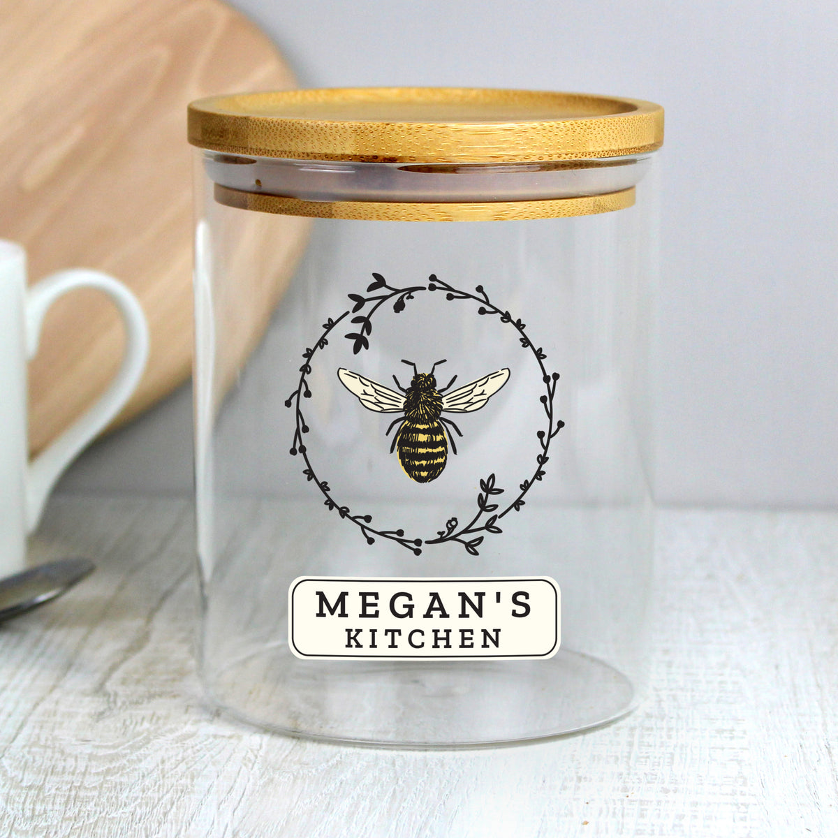 Personalised Bee Glass Jar | A Sweet & Stylish Way to Store Your Essentials - Artfully Curated Creations and identify whats in the image