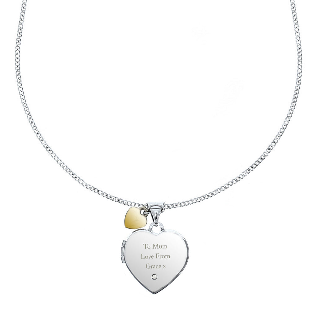 Personalised Sterling Silver & Gold Plated Diamond Heart Locket | Engraved Name & Photo Keepsake Necklace