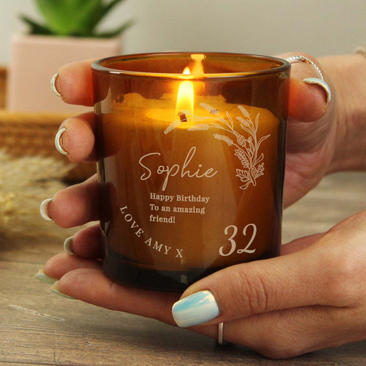 Personalised Amber Glass Vanilla Candle Jar | Birthday Keepsake Gift - Artfully Curated Creations and identify whats in the image