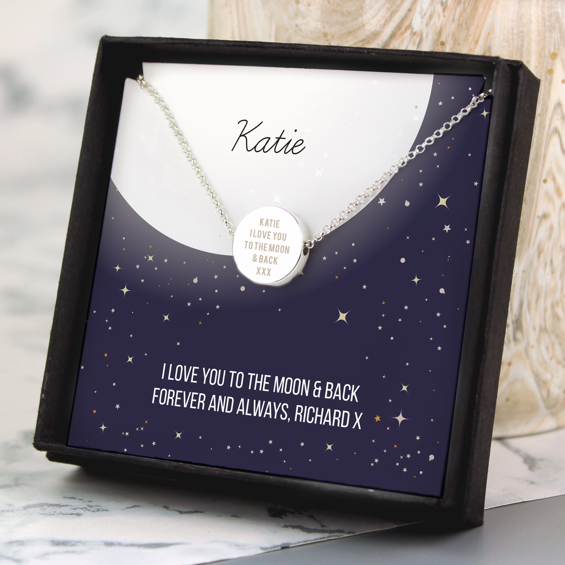 Personalised Silver Tone Necklace | Engraved Pendant & Keepsake Sentiment Card Gift Box - Artfully Curated Creations and identify whats in the image