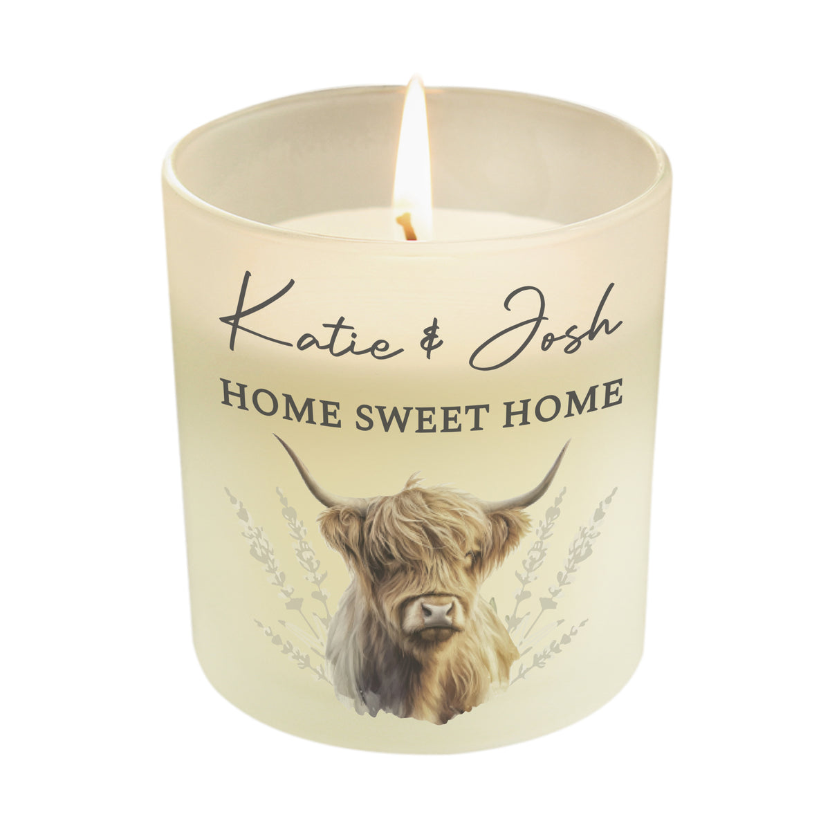 Personalised Highland Cow Vanilla Frosted Candle Jar | Custom Message Gift - Artfully Curated Creations and identify whats in the image