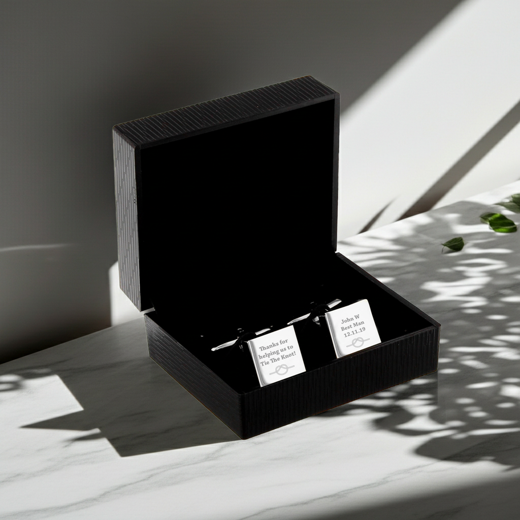 Personalised ‘Tie the Knot’ Cufflinks | Engraved Wedding Gift Box - Artfully Curated Creations and identify whats in the image
