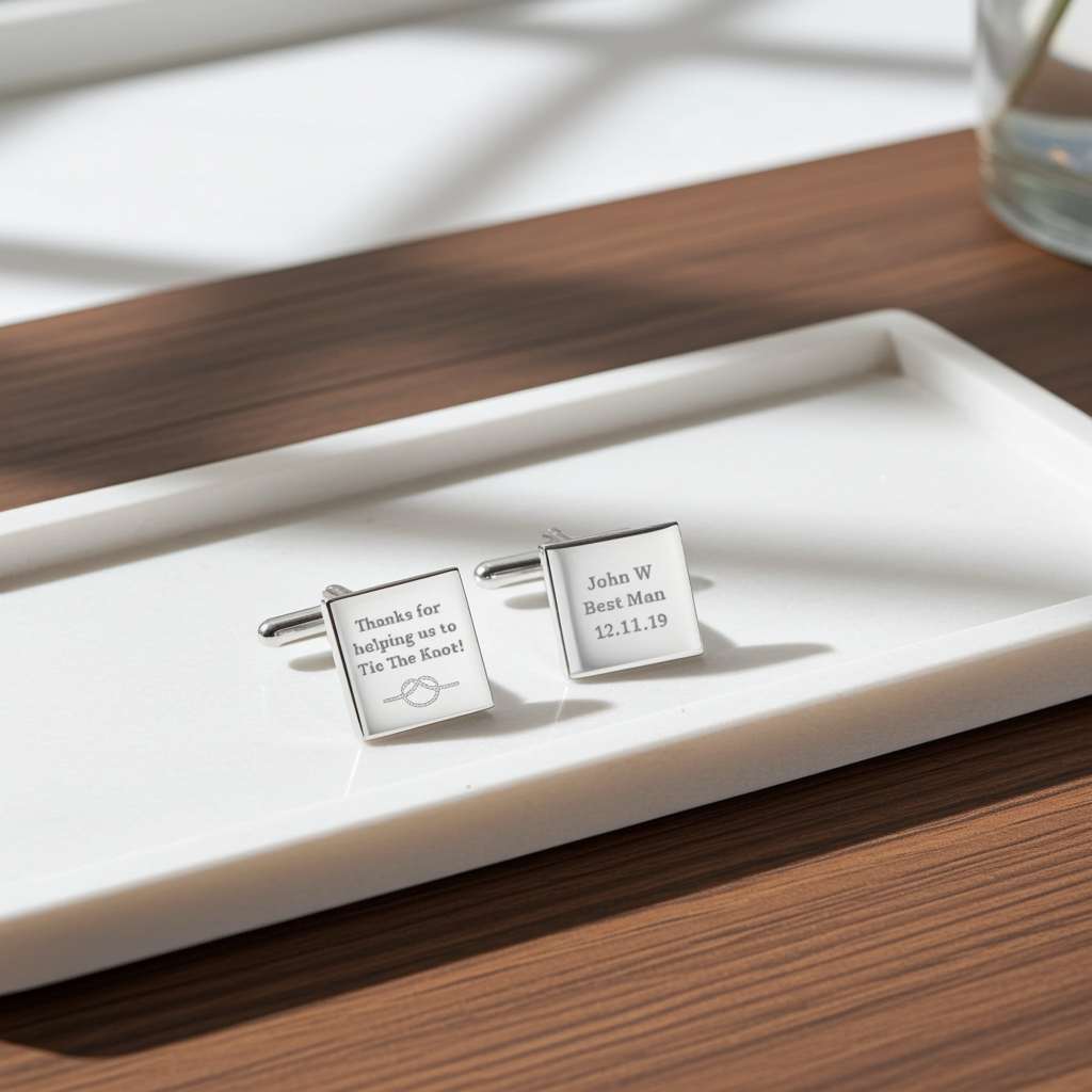 Personalised ‘Tie the Knot’ Cufflinks | Engraved Wedding Gift Box - Artfully Curated Creations and identify whats in the image