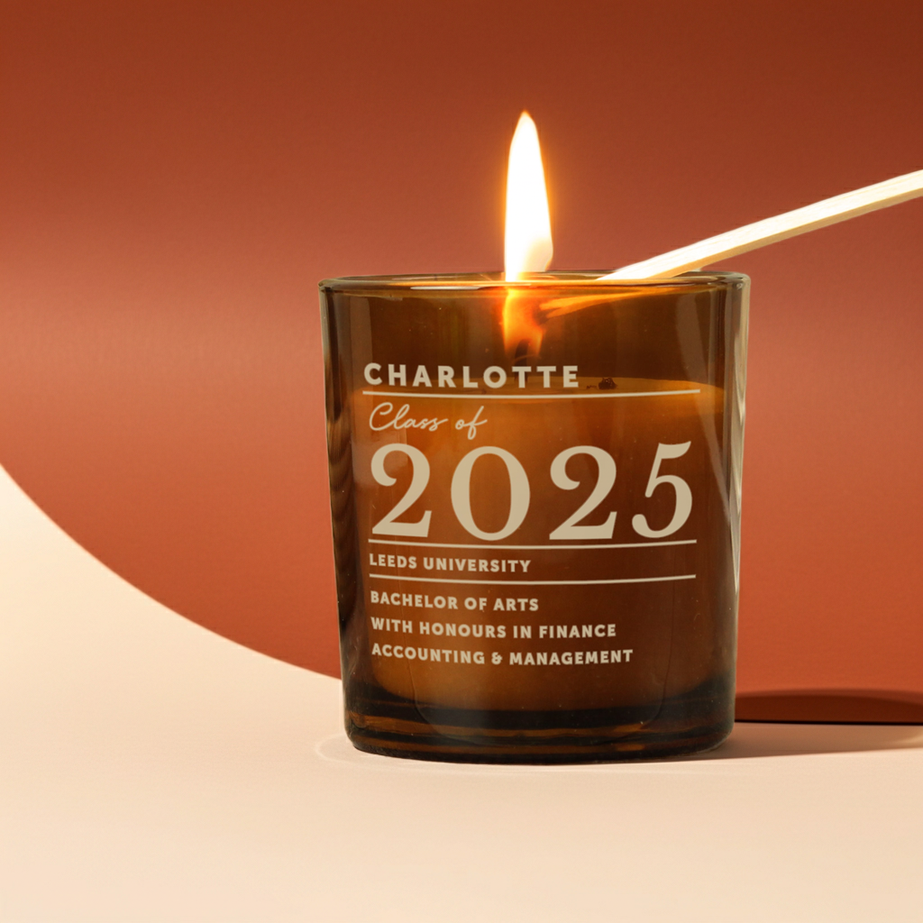 Personalised Amber Glass Vanilla Candle Jar | Graduation Keepsake Gift - Artfully Curated Creations and identify whats in the image