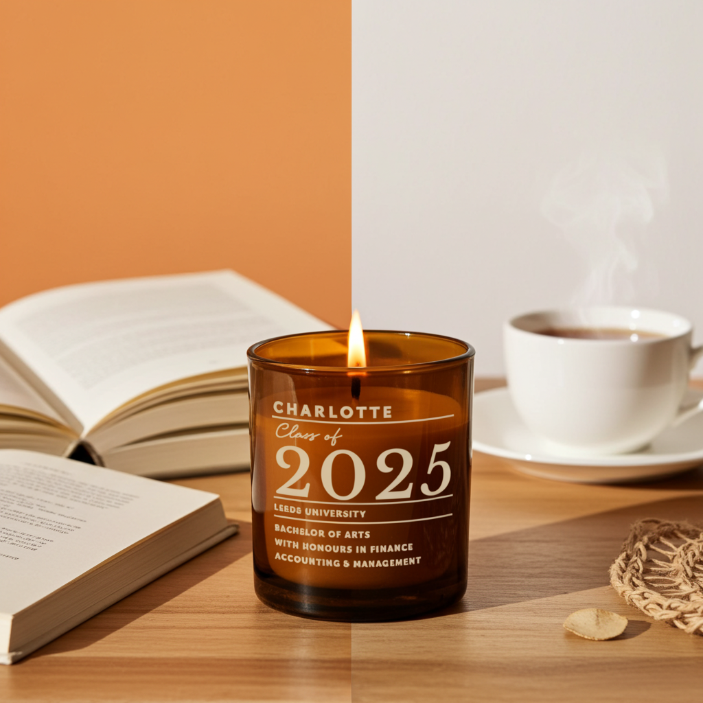 Personalised Amber Glass Vanilla Candle Jar | Graduation Keepsake Gift - Artfully Curated Creations and identify whats in the image
