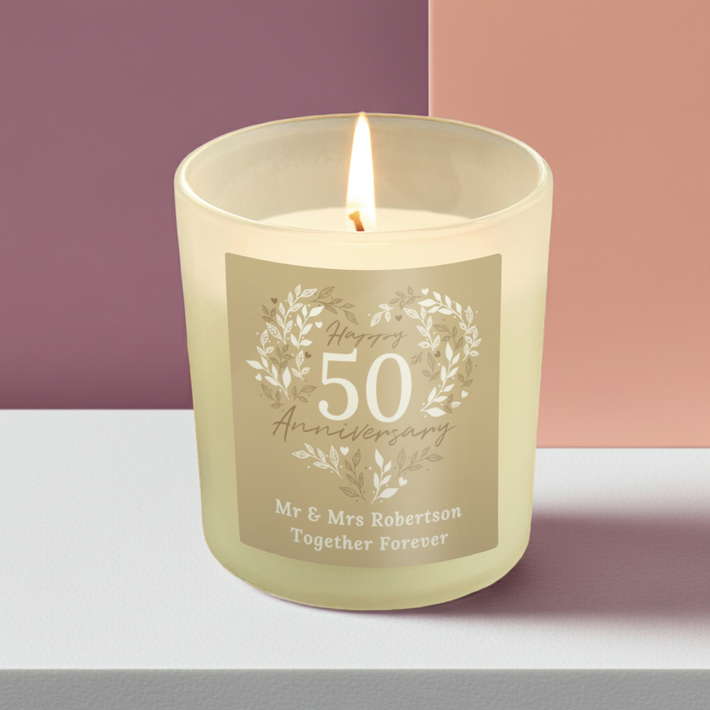 Personalised 50th Anniversary Vanilla Candle Jar | Golden Anniversary Keepsake - Artfully Curated Creations and identify whats in the image