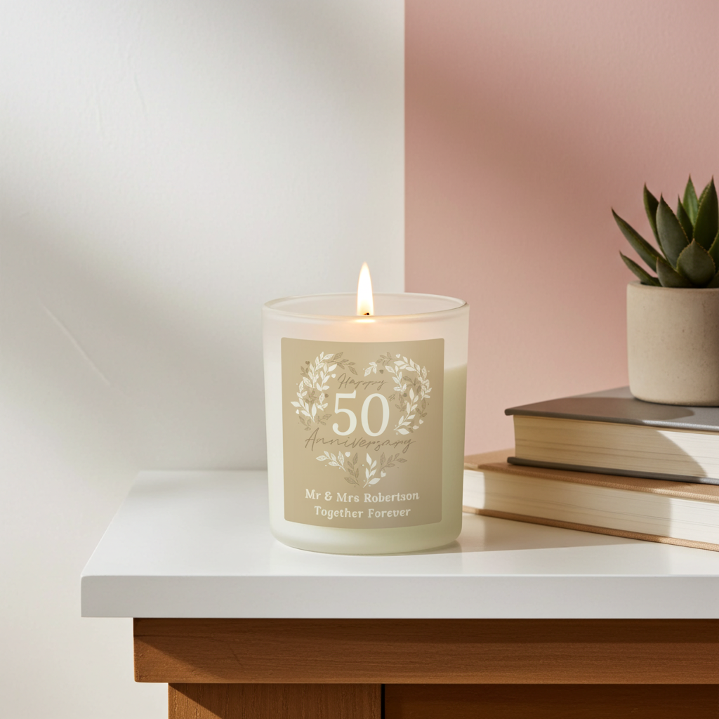 Personalised 50th Anniversary Vanilla Candle Jar | Golden Anniversary Keepsake - Artfully Curated Creations and identify whats in the image