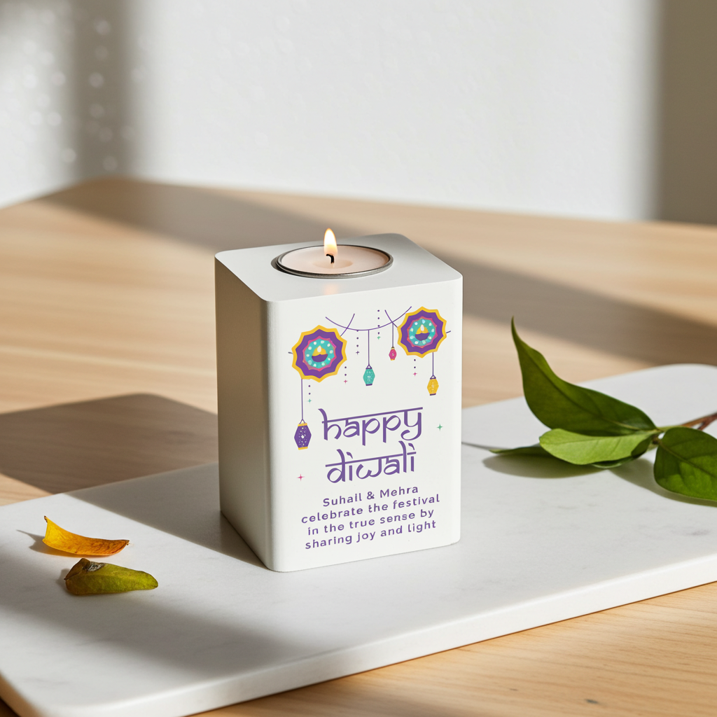Personalised Wooden Tealight Holder | Diwali ‘Festival of Lights’ Gift - Artfully Curated Creations and identify whats in the image