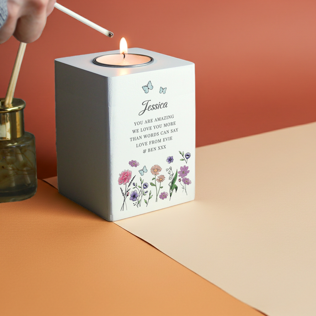 Personalised Wild Flowers Tealight Holder| Custom Wooden Gift for Any Occasion - Artfully Curated Creations and identify whats in the image