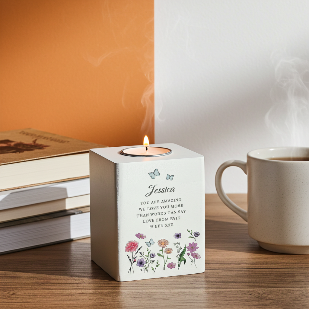 Personalised Wild Flowers Tealight Holder| Custom Wooden Gift for Any Occasion - Artfully Curated Creations and identify whats in the image