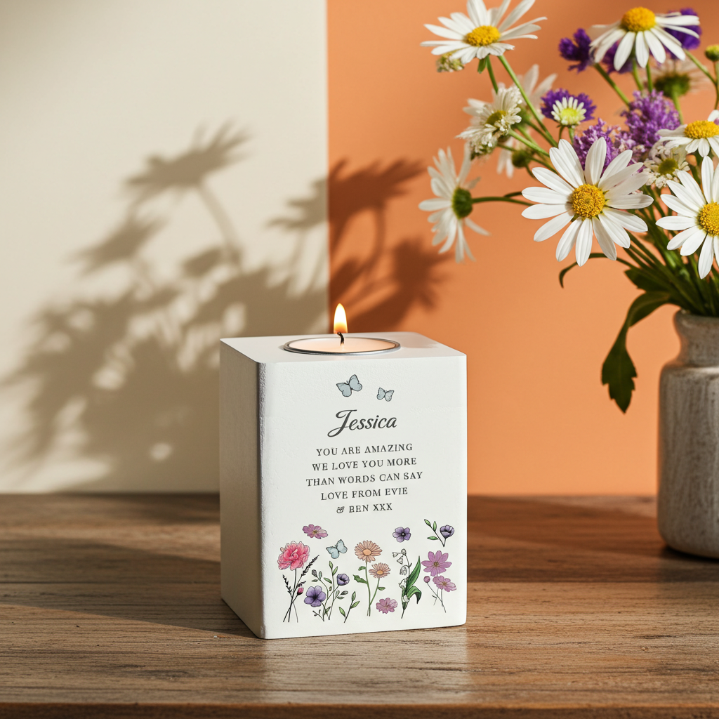 Personalised Wild Flowers Tealight Holder| Custom Wooden Gift for Any Occasion - Artfully Curated Creations and identify whats in the image