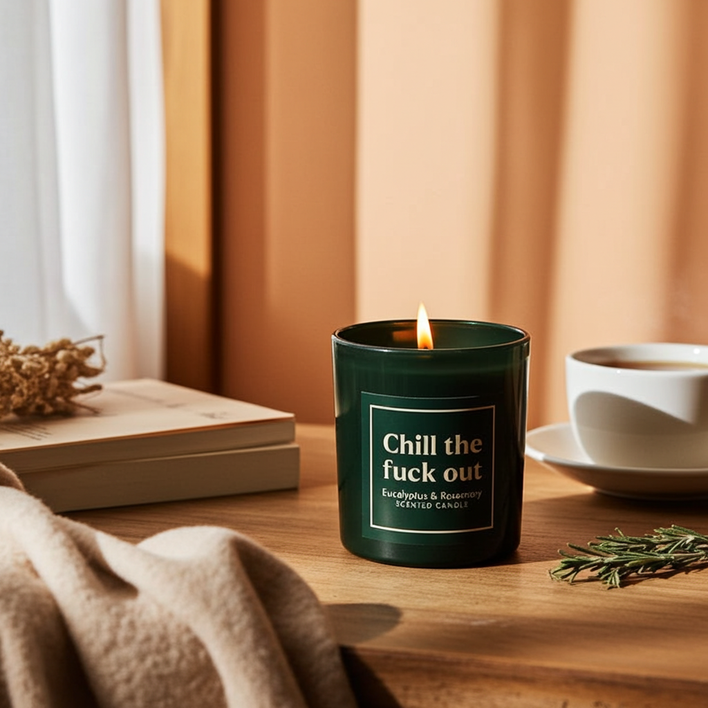 Sweary Candle Eucalyptus & Rosemary Scented Funny Self-Care Gift for Stressed Adults, Chill Out Aromatherapy Jar