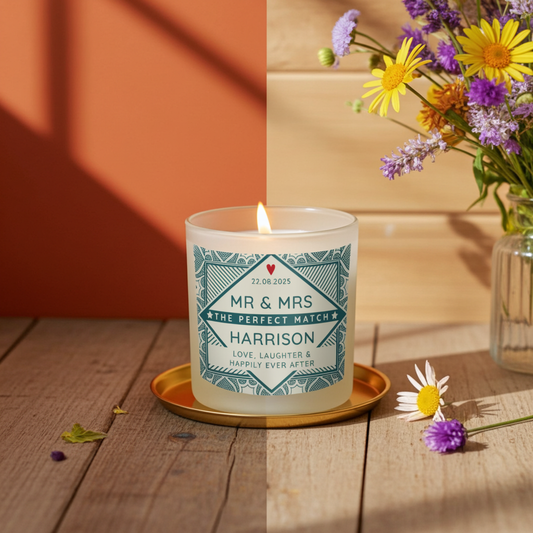 Candle with a decorative label on a wooden surface with flowers in the background