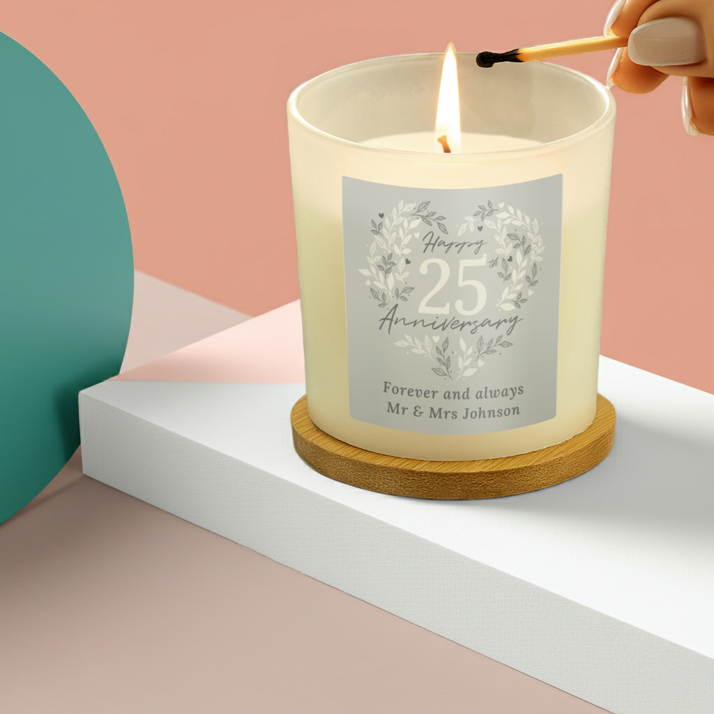 Personalised 25th Anniversary Vanilla Candle Jar | Silver Anniversary Keepsake - Artfully Curated Creations and identify whats in the image