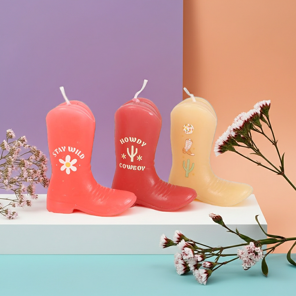 Howdy Cowboy Set of 3 Cowboy Boot Candles Pink Western Decor Unscented Paraffin Wax Novelty Candles with Fun Sayings, Drip-Style