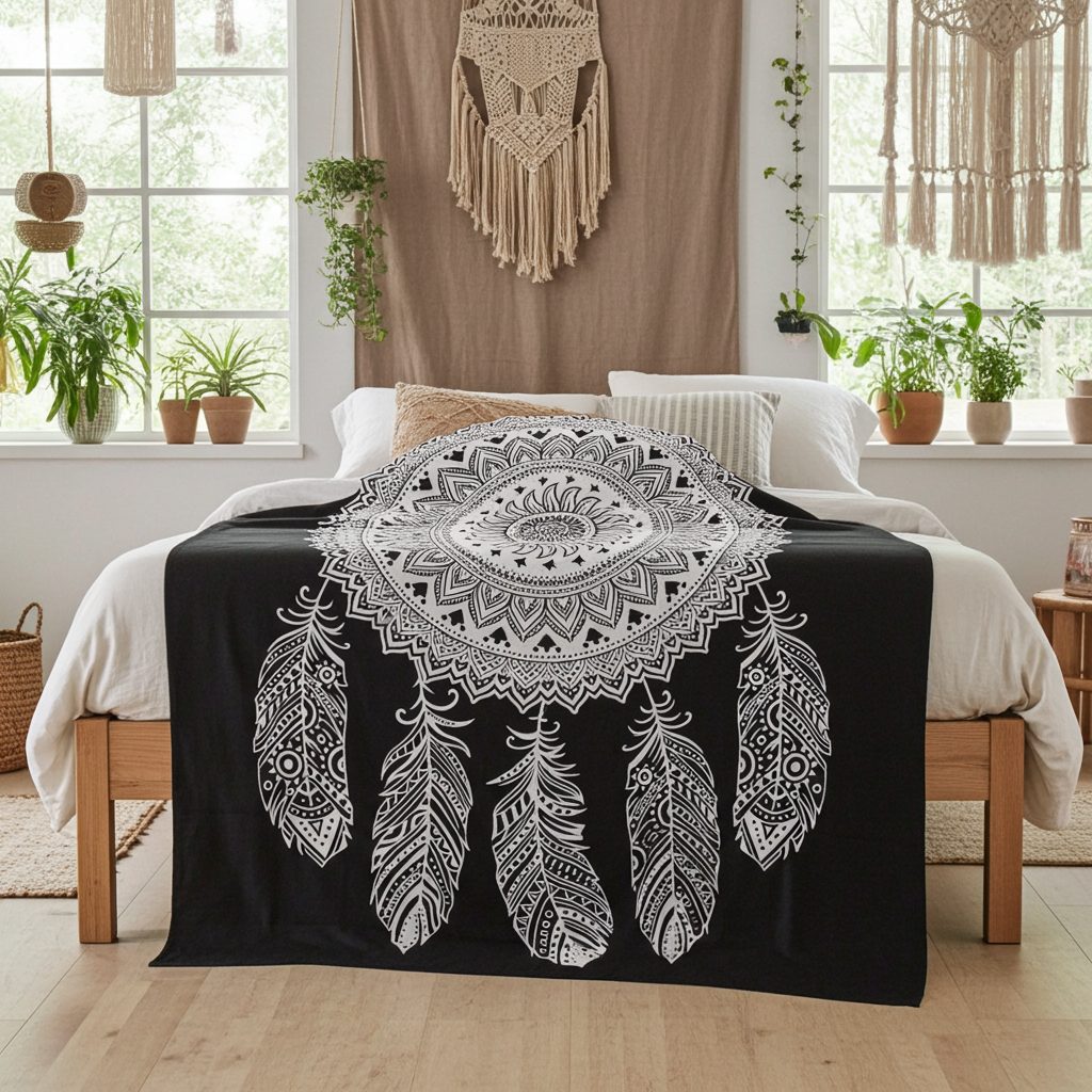 Black & White Double Bed Spread / Wall Art - Dream Catcher