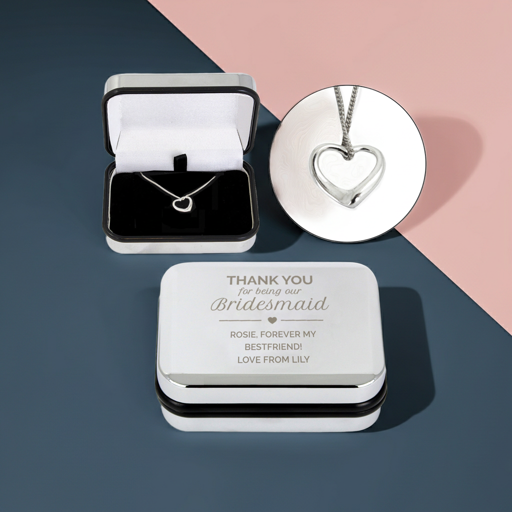 Personalised Bridesmaid Heart Necklace | Engraved Chrome Gift Box - Artfully Curated Creations and identify whats in the image