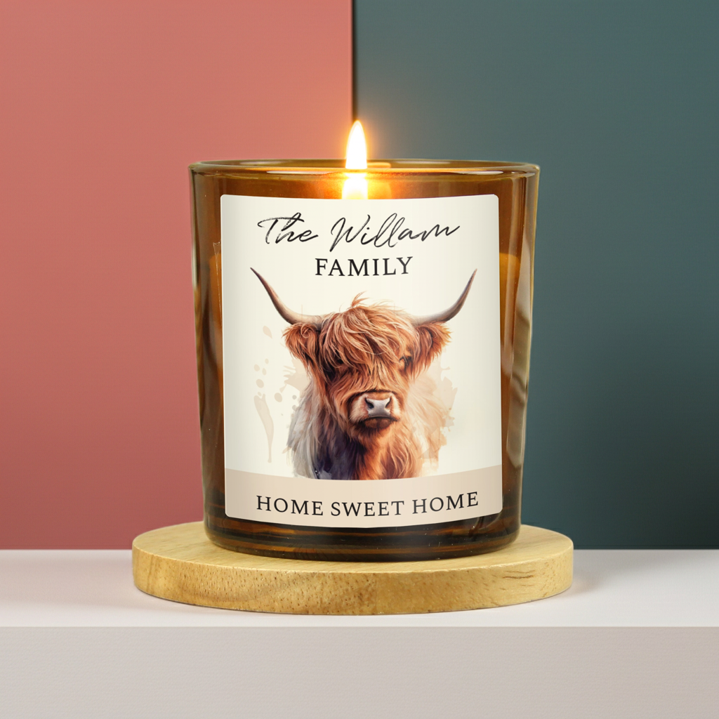 Personalised Highland Cow Amber Glass Vanilla Candle Jar | Custom Message Gift for Any Occasion - Artfully Curated Creations and identify whats in the image