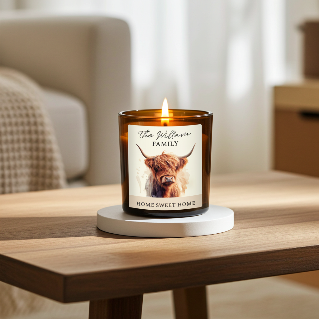 Personalised Highland Cow Amber Glass Vanilla Candle Jar | Custom Message Gift for Any Occasion - Artfully Curated Creations and identify whats in the image