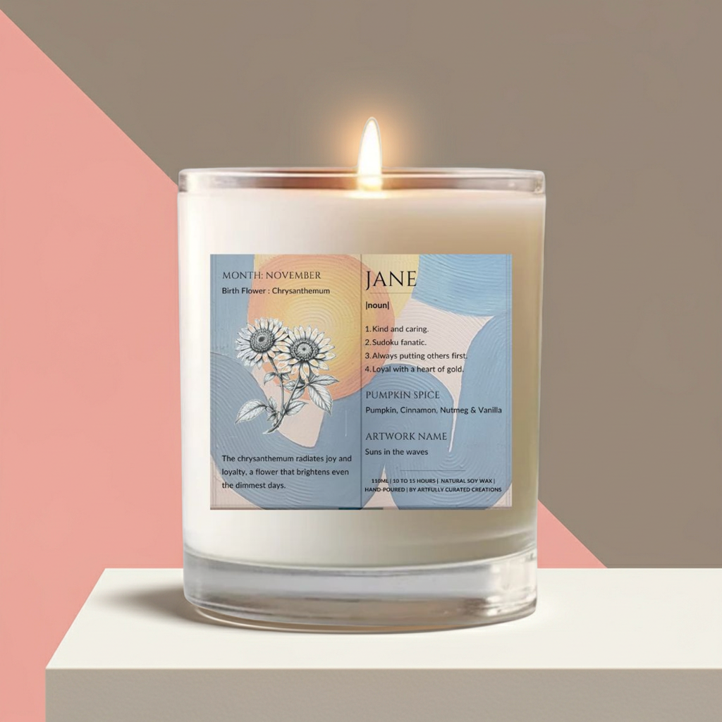 The Definition of you birth flower customisable scented artwork candle transparent Jar | Handmade | A personal gift - Artfully Curated Creations and identify whats in the image