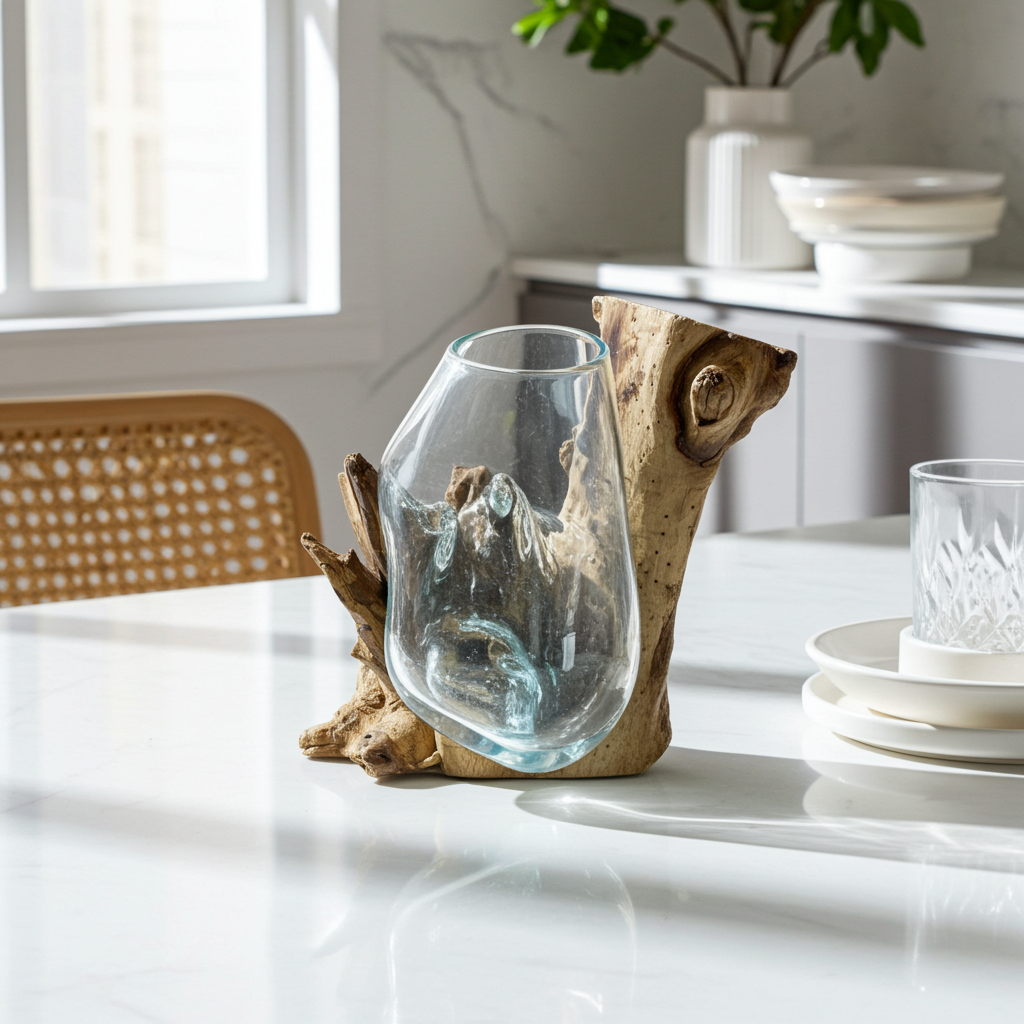 Molton Glass Hanging Bowl On Wooden Stand