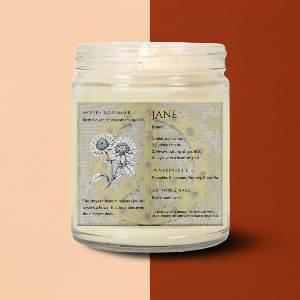 The Definition of you birth flower customisable scented artwork candle transparent jar with lid | Handmade | A personal gift - Artfully Curated Creations and identify whats in the image