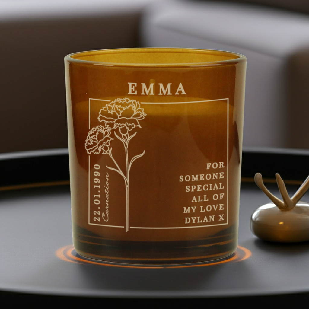 Personalised Birth Flower Candle in Amber Glass Jar | Handmade | A personal gift