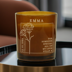 Personalised Birth Flower Candle in Amber Glass Jar | Handmade | A personal gift