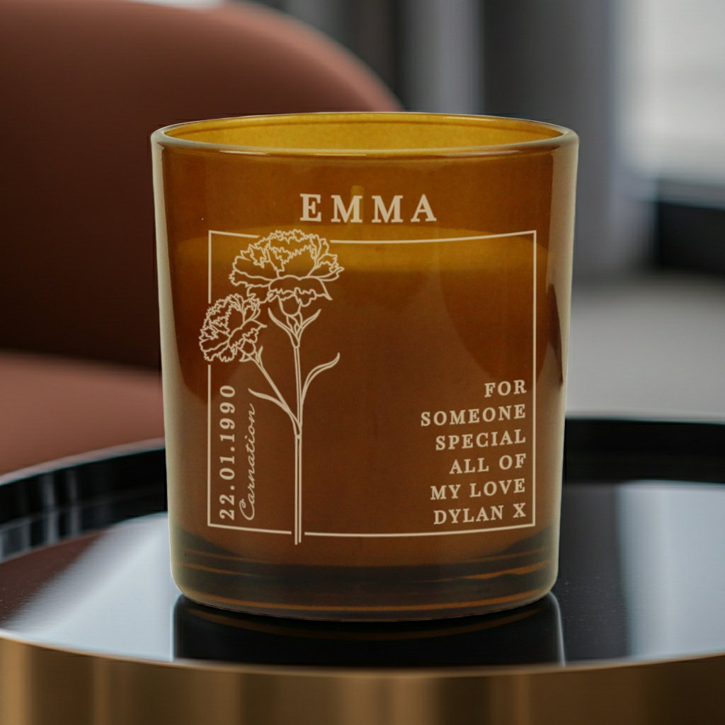 Personalised Birth Flower Candle in Amber Glass Jar | Handmade | A personal gift