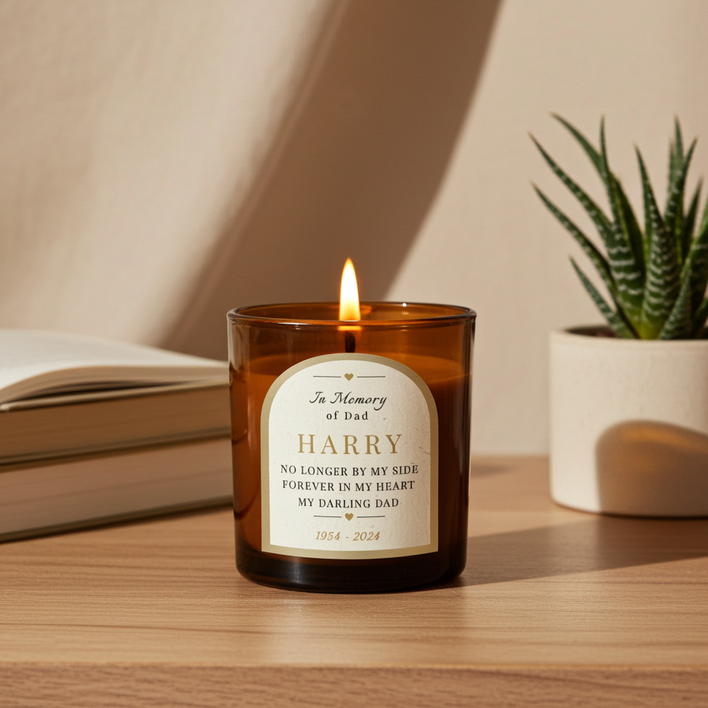 Personalised In Loving Memory Amber Glass Candle | A Comforting Memorial Keepsake - Artfully Curated Creations and identify whats in the image