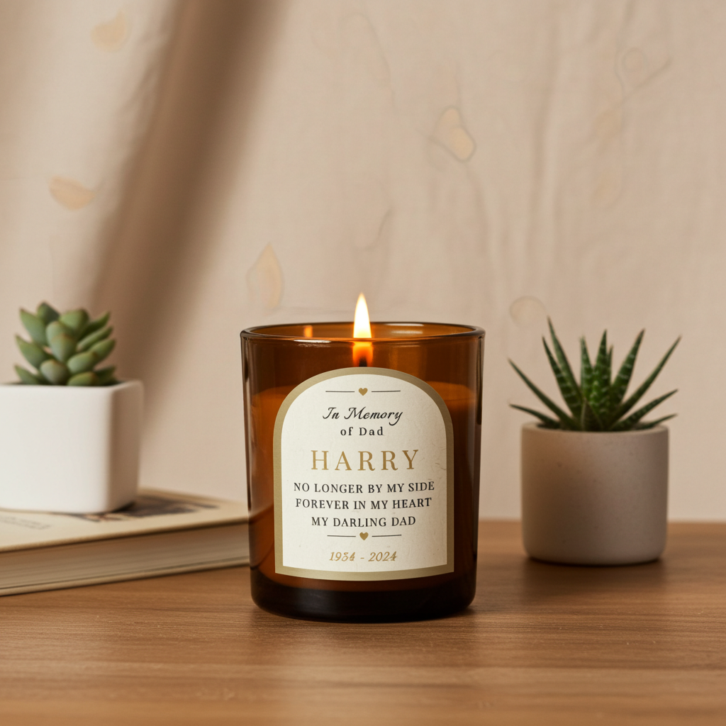 Personalised In Loving Memory Amber Glass Candle | A Comforting Memorial Keepsake - Artfully Curated Creations and identify whats in the image