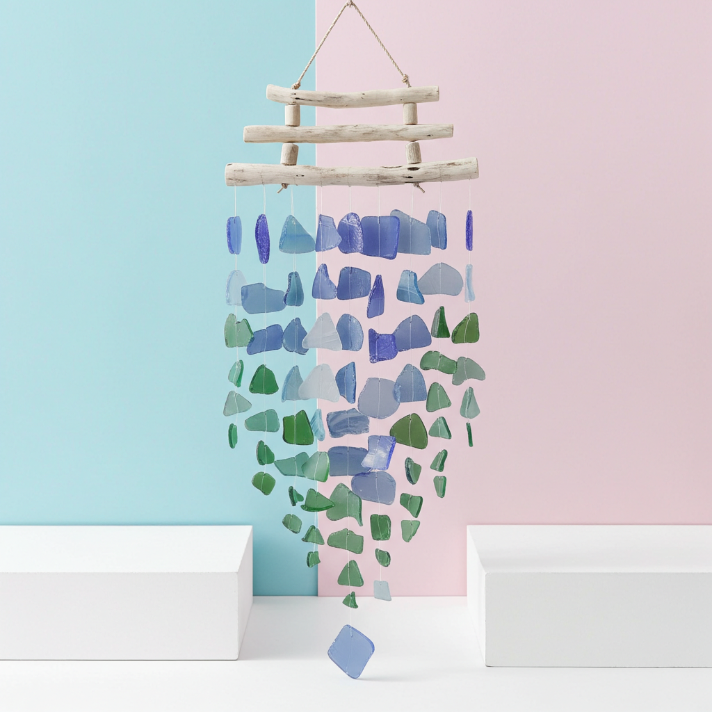 Recycled Glass Three Stick Wind Chimes - Blue & Green