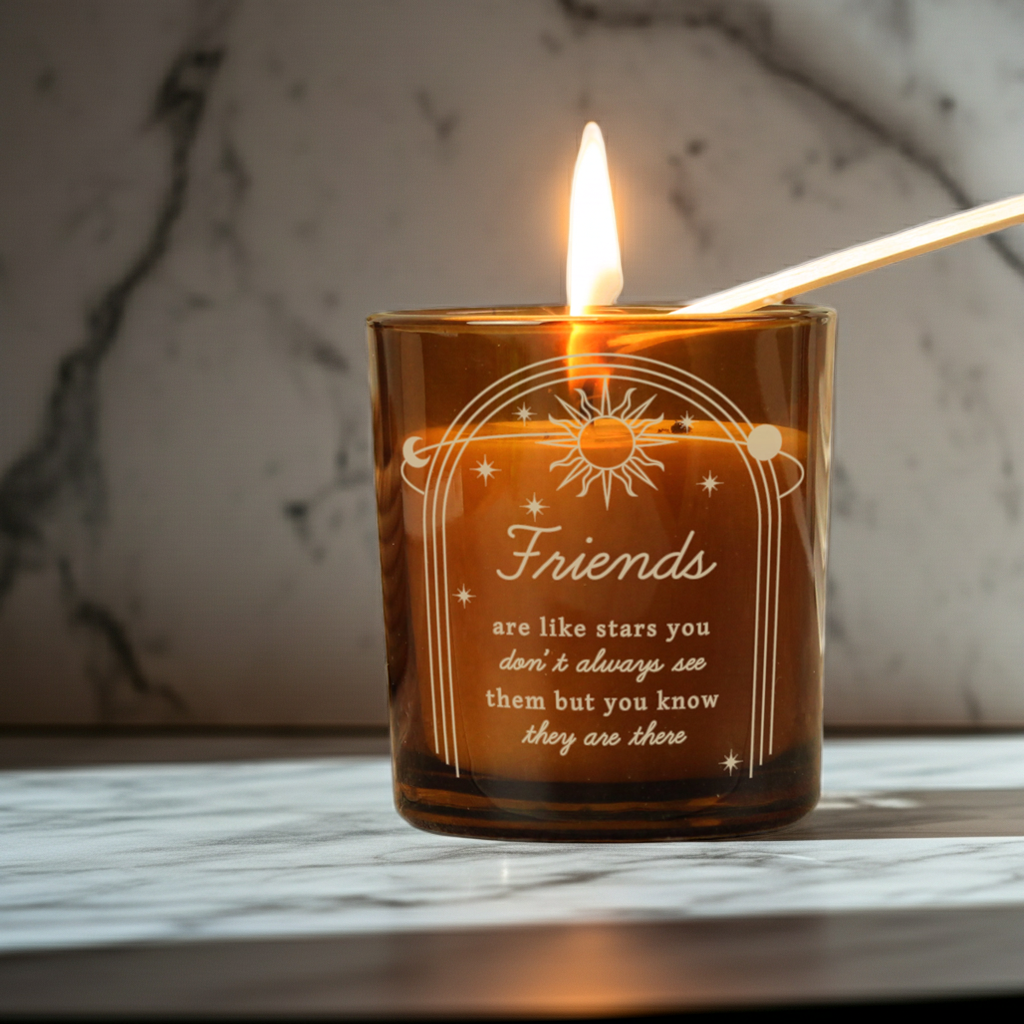Personalised Celestial Vanilla Scented Candle In Amber Glass Jar | Handmade | A personal gift - Artfully Curated Creations and identify whats in the image