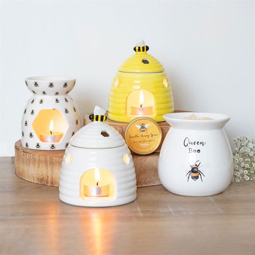 Yellow Beehive Ceramic Oil Burner with Bee Lid & Honeycomb Cutouts Aromatherapy Burner for Fragrance Oils